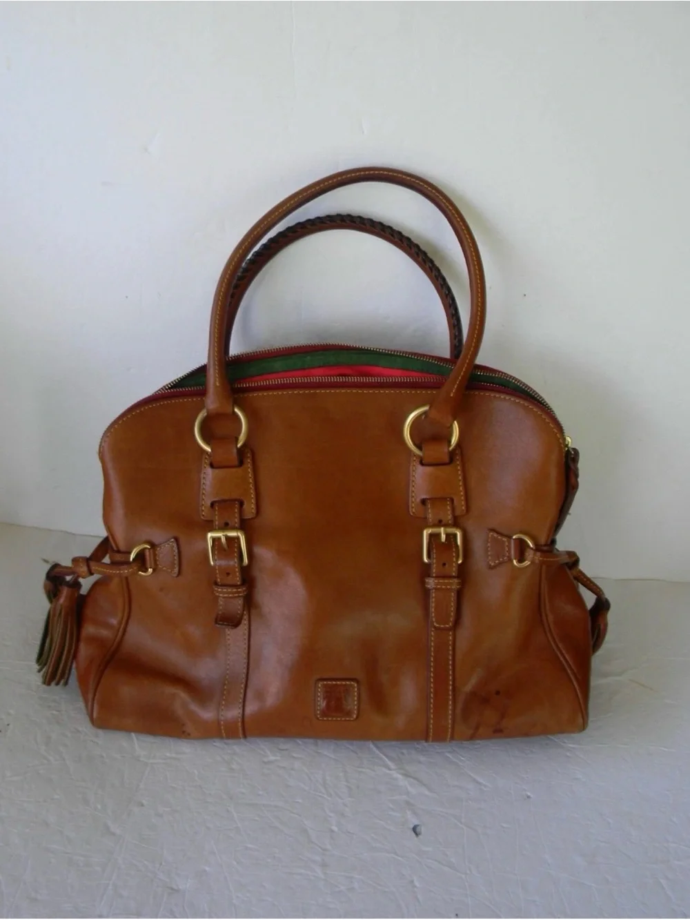 Dooney & Bourke Florentine NATURAL Leather Domed Buckle Satchel Tassels SHOULDER